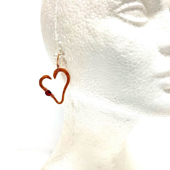 HANDCRAFTED Pure Copper Handwrapped and Hammered Statement Heart Dangle Earrings - Picture 3 of 10